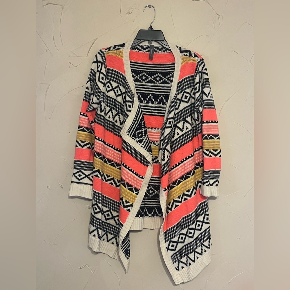 Pink, yellow, black, white geometric cardigan cozy bright colorful southwest